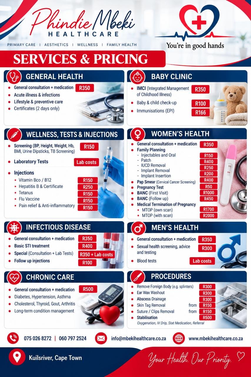 Mbeki Healthcare services and pricing sheet for the Kuils River branch