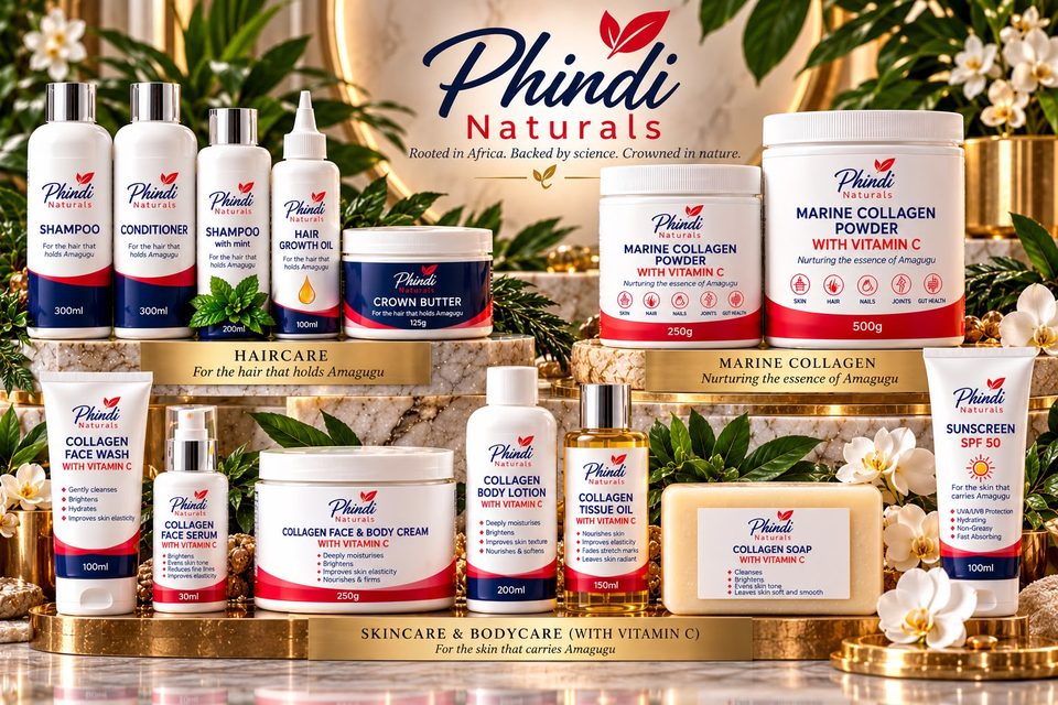 Phindi Naturals haircare, collagen skincare and bodycare with vitamin C, and marine collagen powder