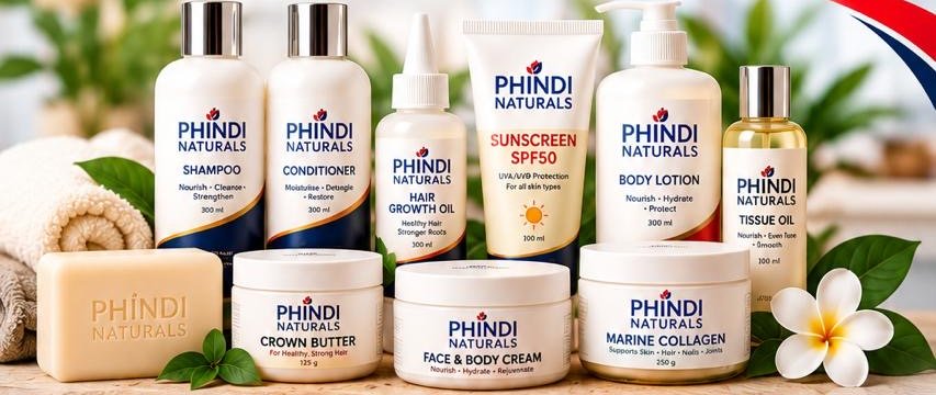 Phindi Naturals shampoo, conditioner, hair growth oil, SPF50 sunscreen, body lotion, tissue oil, soap, crown butter, face and body cream and marine collagen